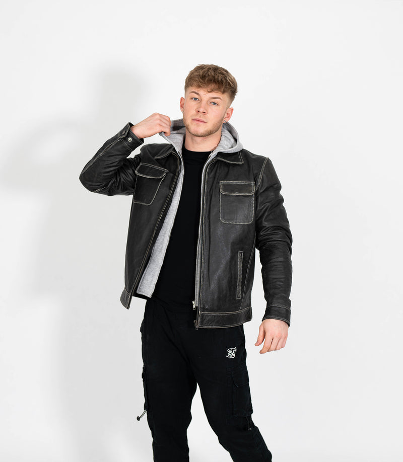 Men's Detachable Hoodie Leather Work Jacket - Grey