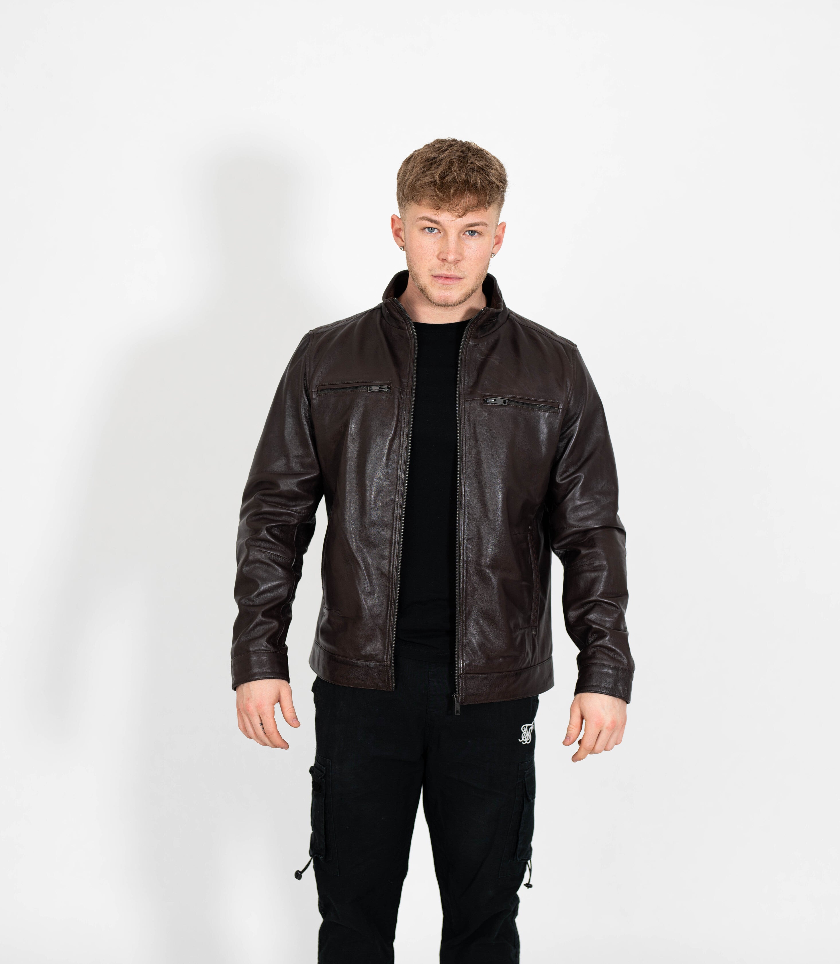 Tony 999 - Men's Mandarin Collar Leather Jacket - Brown – Brick
