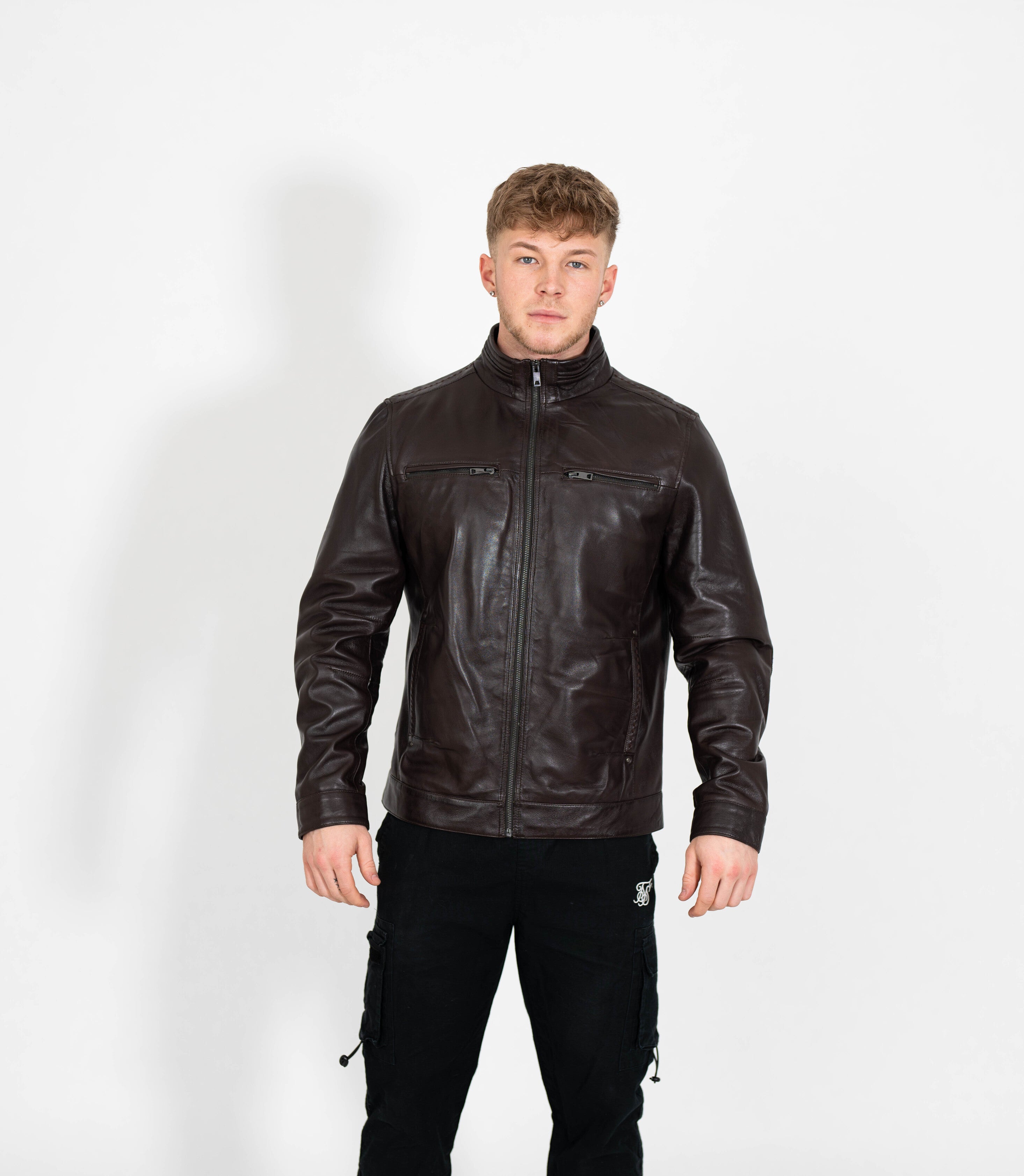 Tony 999 - Men's Mandarin Collar Leather Jacket - Brown – Brick