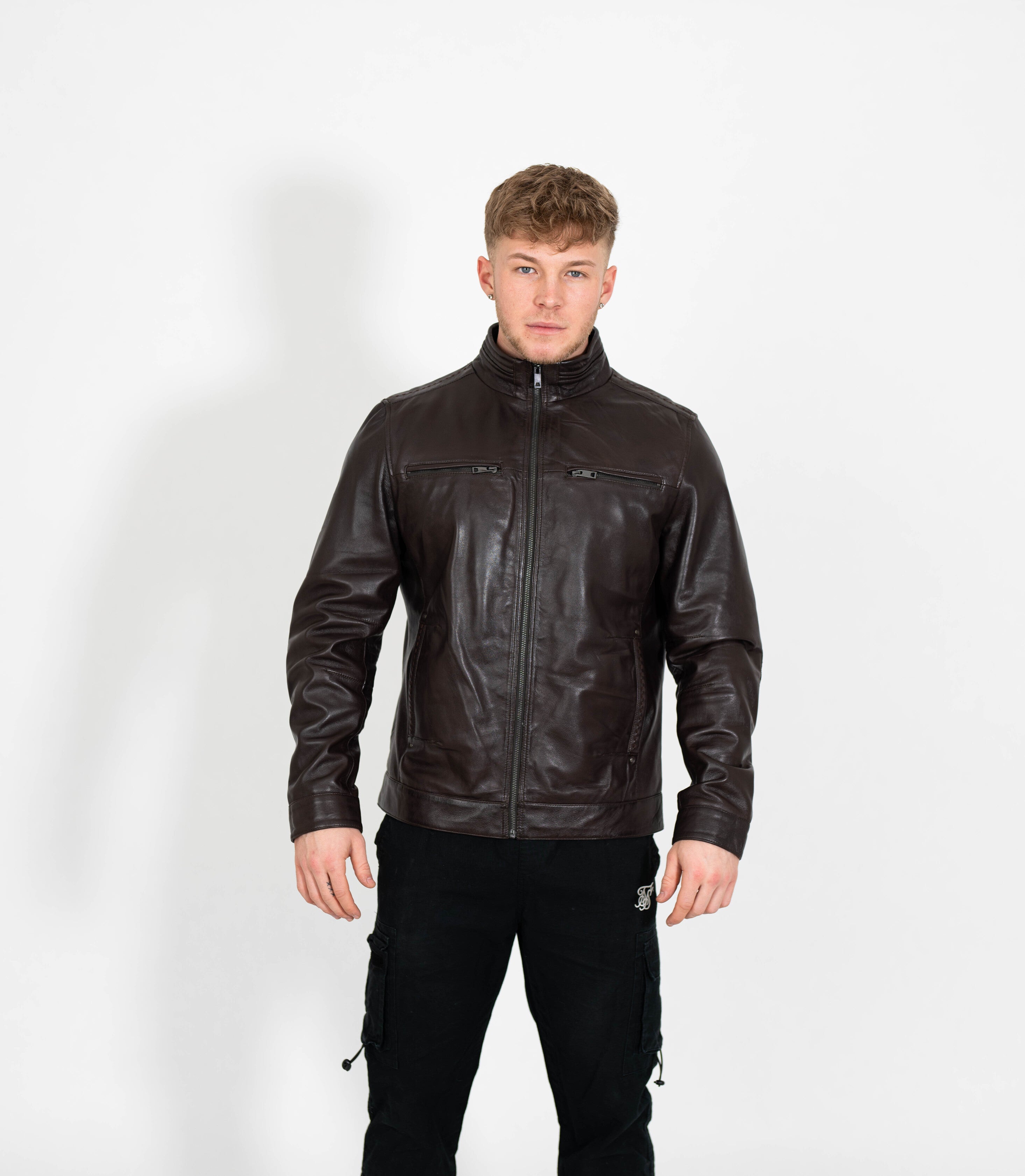 Tony 999 - Men's Mandarin Collar Leather Jacket - Brown – Brick