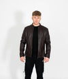 Men's Classic Mandarin Collar Racer Style Leather Jacket - Brown