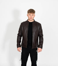 Men's Classic Mandarin Collar Racer Style Leather Jacket - Brown