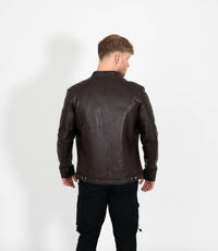 Men's Classic Mandarin Collar Racer Style Leather Jacket - Brown