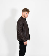 Men's Classic Mandarin Collar Racer Style Leather Jacket - Brown