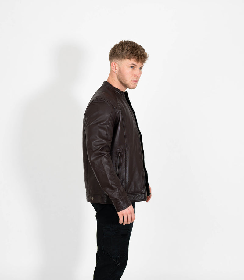 Men's Classic Mandarin Collar Racer Style Leather Jacket - Brown