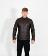 Men's Classic Mandarin Collar Racer Style Leather Jacket - Brown