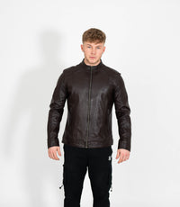 Men's Classic Mandarin Collar Racer Style Leather Jacket - Brown