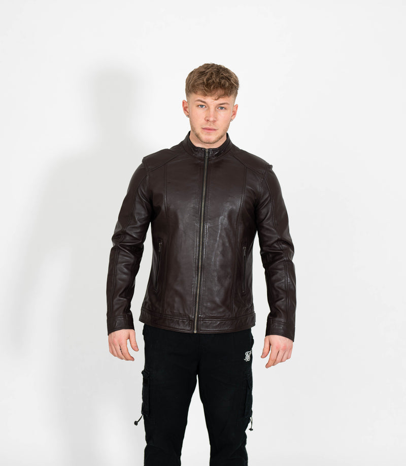 Men's Classic Mandarin Collar Racer Style Leather Jacket - Brown