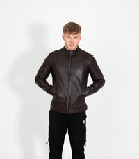 Men's Classic Mandarin Collar Racer Style Leather Jacket - Brown
