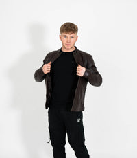 Men's Classic Mandarin Collar Racer Style Leather Jacket - Brown