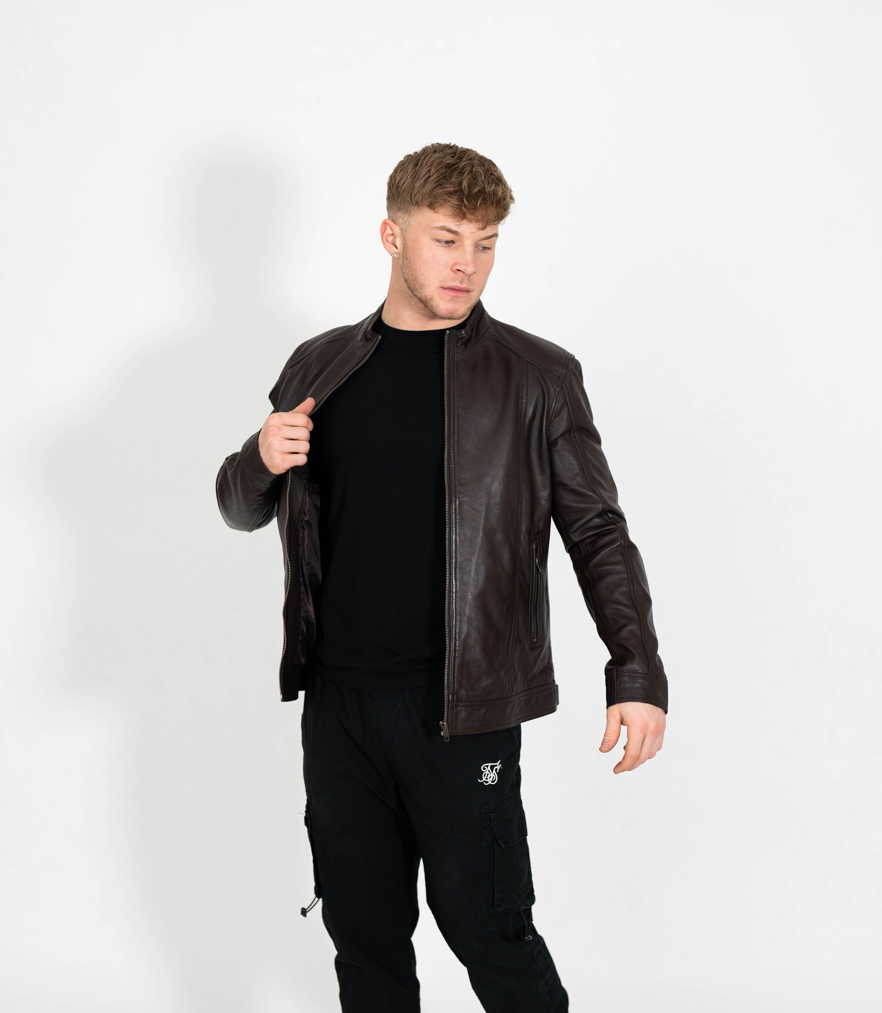 Men's Classic Mandarin Collar Racer Style Leather Jacket - Brown Men's Classic Mandarin Collar Racer Style Leather Jacket - Brown