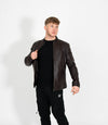 Men's Classic Mandarin Collar Racer Style Leather Jacket - Brown