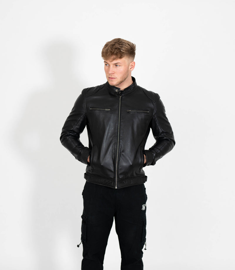 Men's Casual Leather Biker Jacket - Black