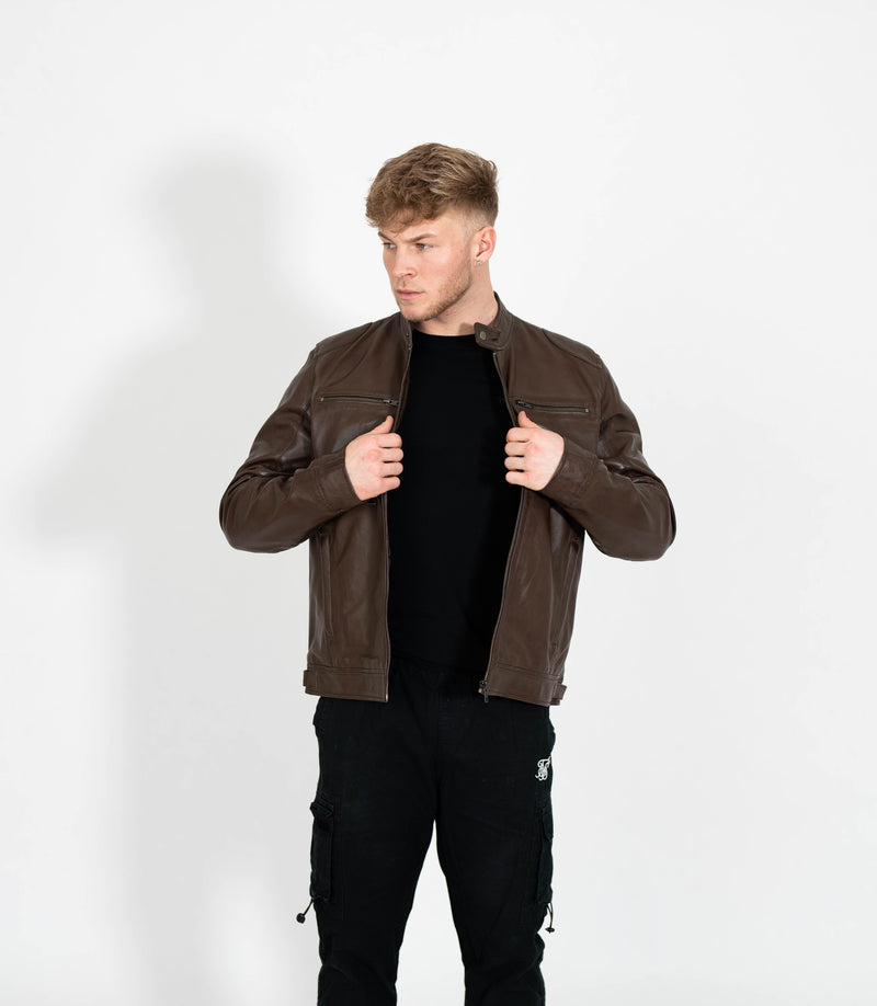 Men's Casual Leather Biker Jacket - Brown