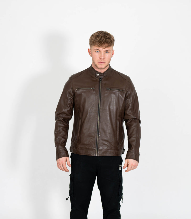 Men's Casual Leather Biker Jacket - Brown