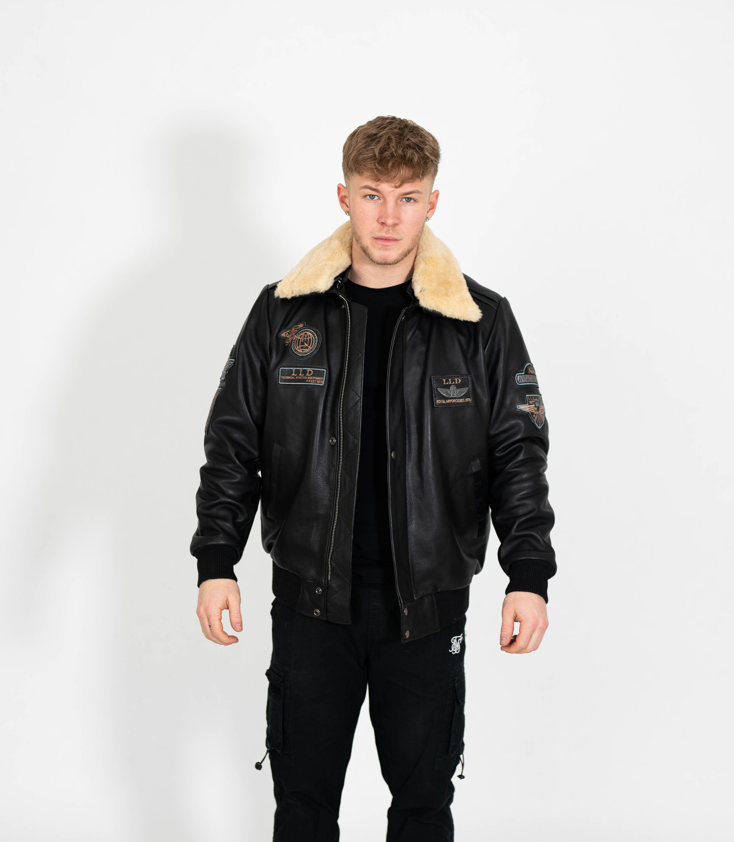 Men's Pilot Leather Jacket with Detachable Fur Collar - Black