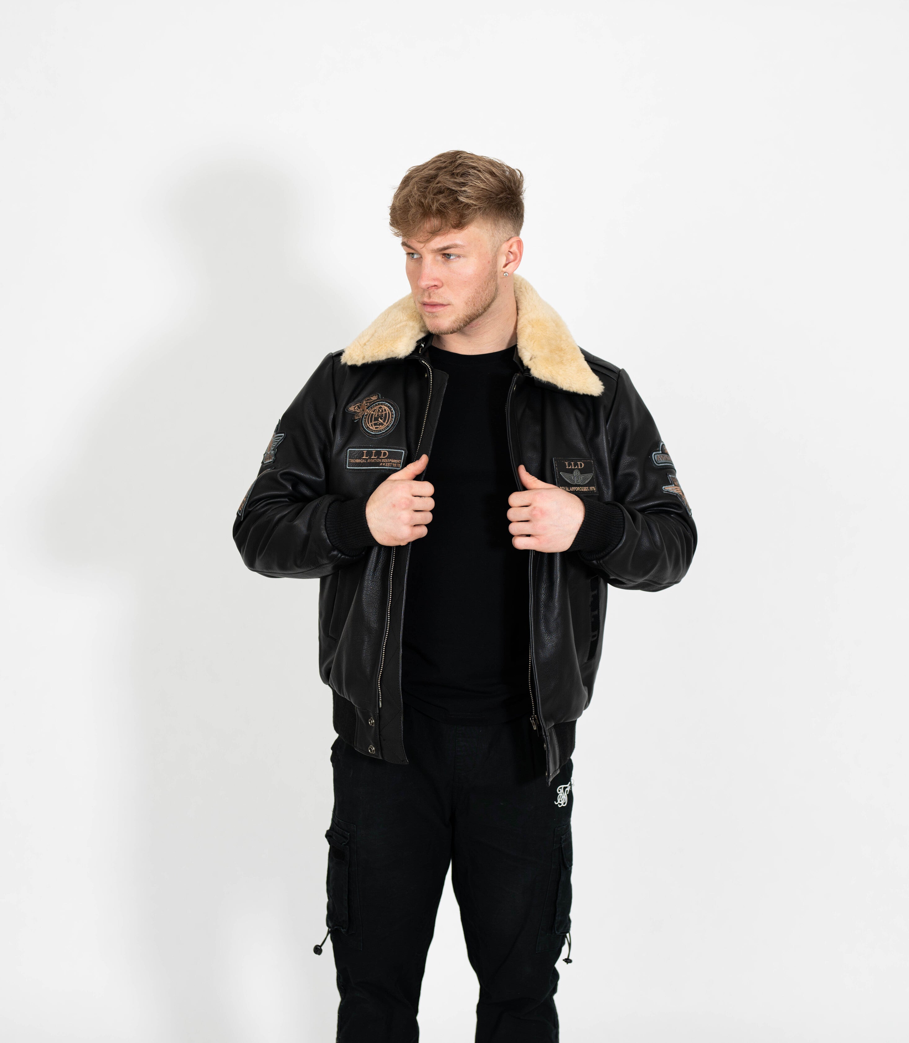 Men's Pilot Leather Jacket with Detachable Fur Collar - Black