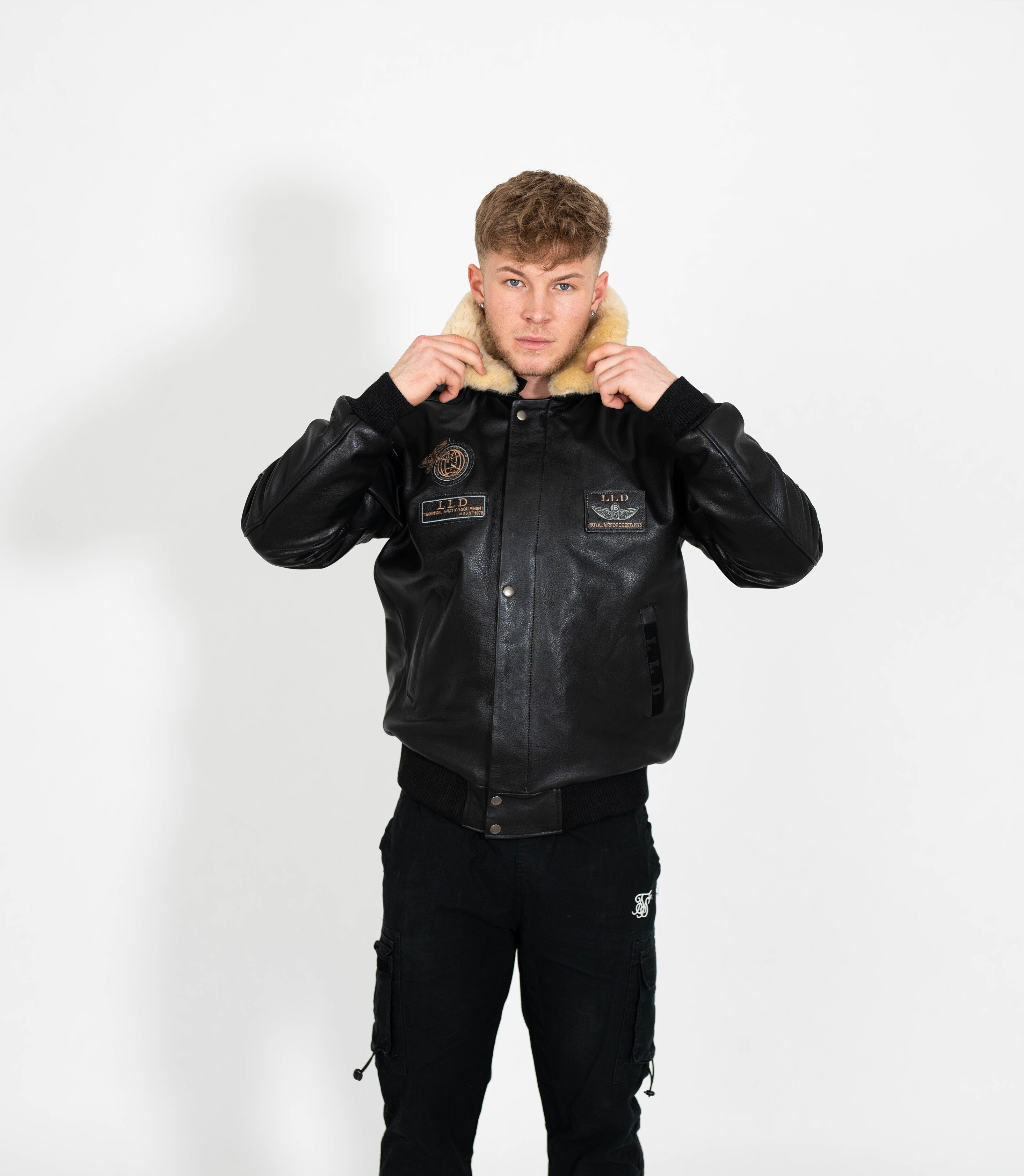Men's Pilot Leather Jacket with Detachable Fur Collar - Black