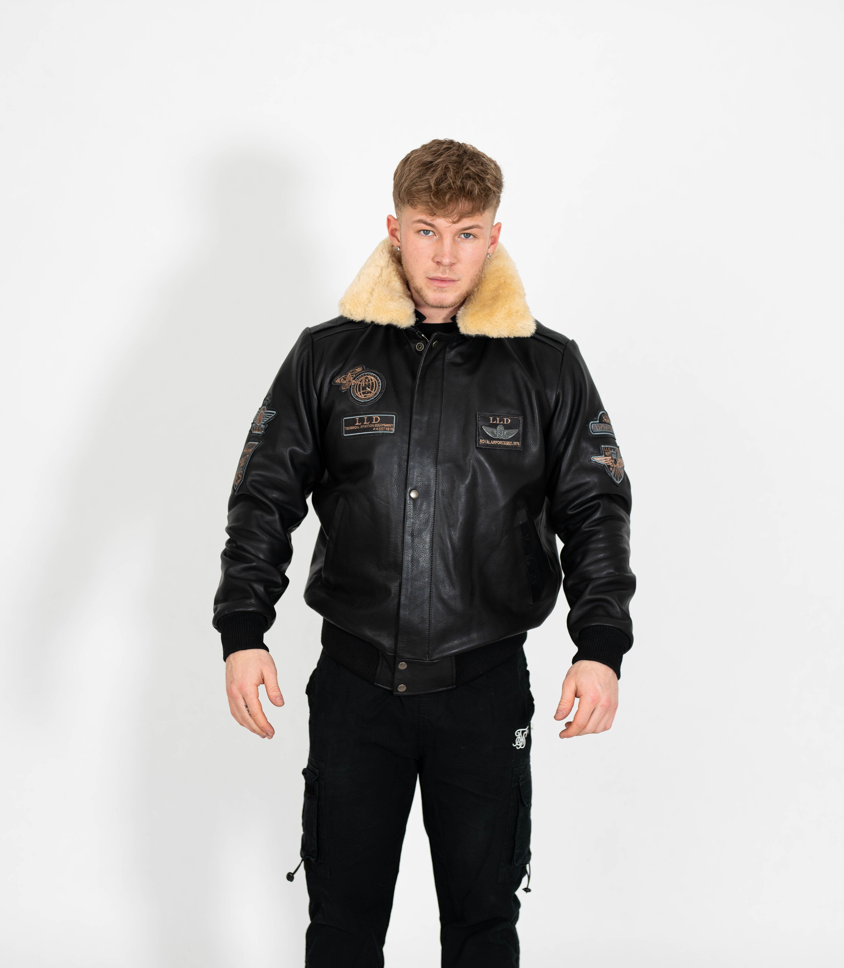 Men's Pilot Leather Jacket with Detachable Fur Collar - Black