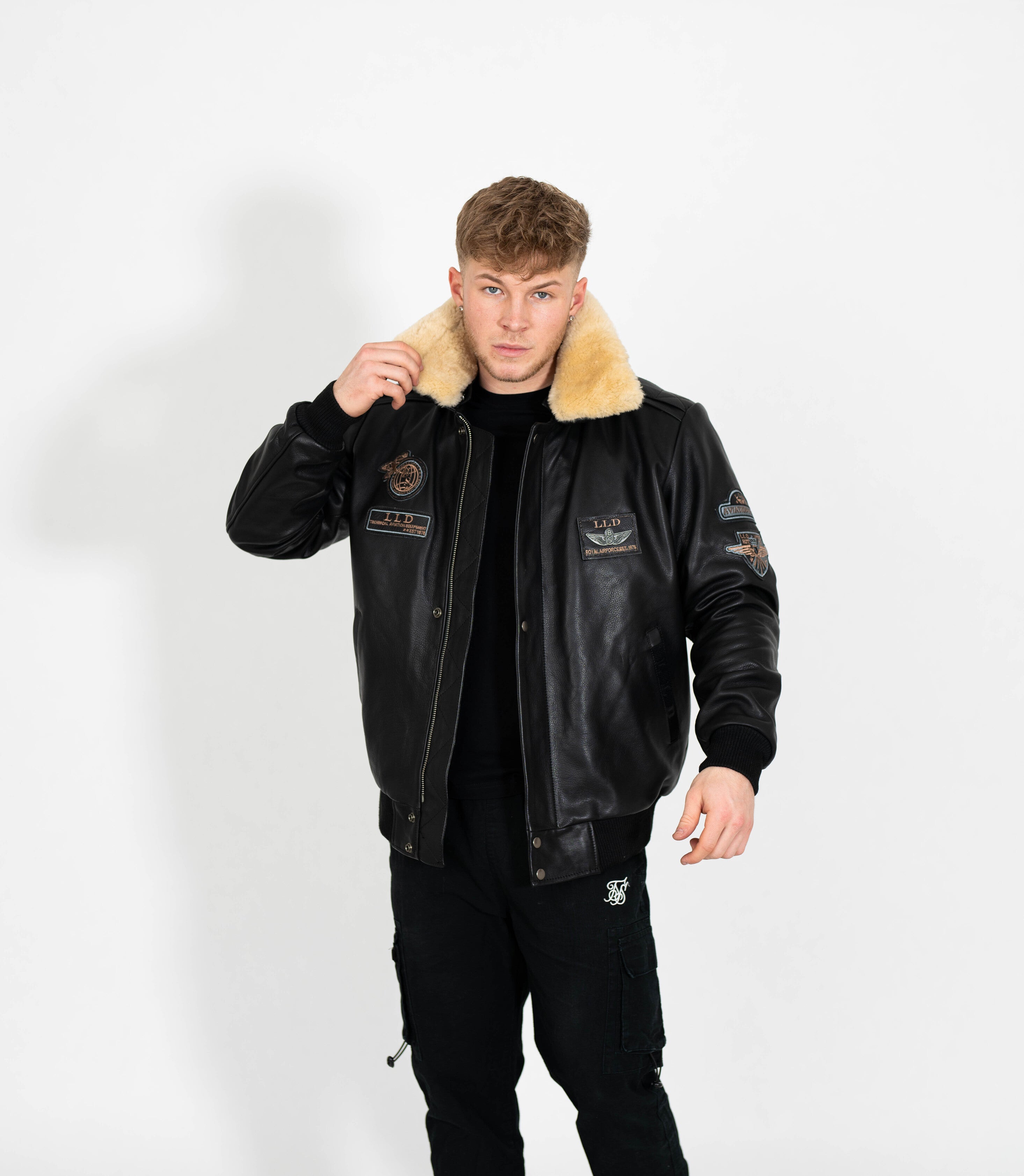 Men's Pilot Leather Jacket with Detachable Fur Collar - Black