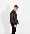 Men's Racer Style Leather Bomber Jacket - Brown