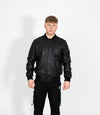 Men's Racer Style Leather Bomber Jacket - Black