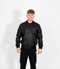 Men's Racer Style Leather Bomber Jacket - Black
