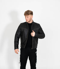 Men's Vintage Rub Off Leather Biker Jacket - Brown
