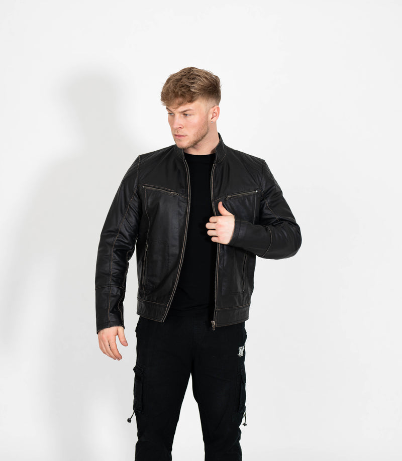 Men's Vintage Rub Off Leather Biker Jacket - Brown