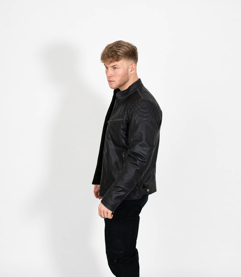 Men's Vintage Rub Off Leather Biker Jacket - Brown