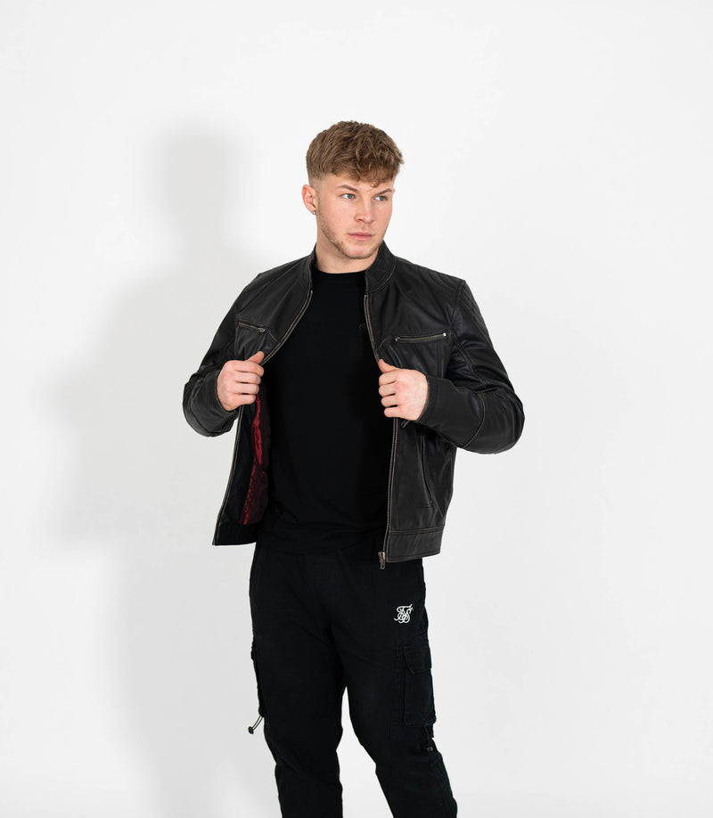 Men's Vintage Rub Off Leather Biker Jacket - Brown