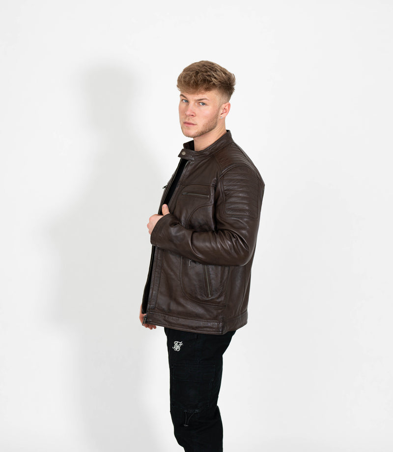 Men's Quilted Leather Biker Style Zip Jacket