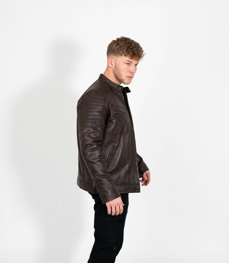 Men's Quilted Leather Biker Style Zip Jacket