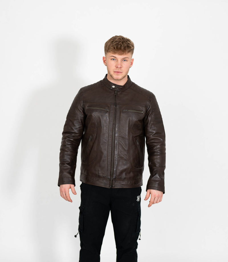 Men's Quilted Leather Biker Style Zip Jacket