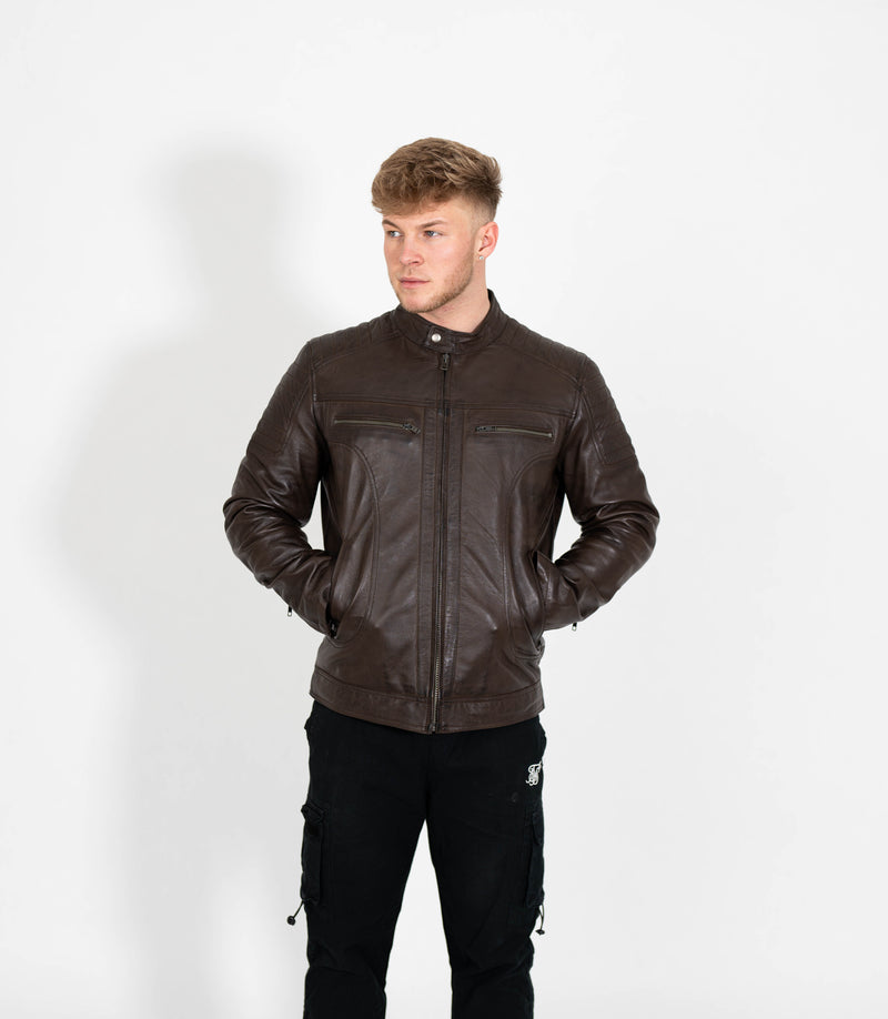 Men's Quilted Leather Biker Style Zip Jacket