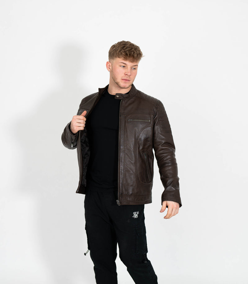 Men's Quilted Leather Biker Style Zip Jacket