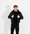 Men's Leather Pilot Bomber Jacket with Detachable Collar - Black
