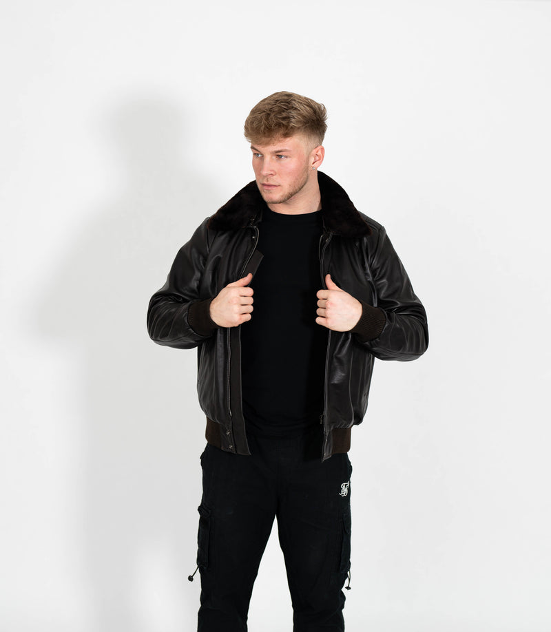 Men's Leather Pilot Bomber Jacket with Detachable Collar - Black