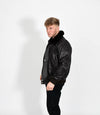 Men's Leather Pilot Bomber Jacket with Detachable Collar - Black