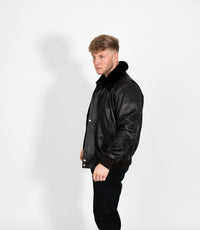 Men's Leather Pilot Bomber Jacket with Detachable Collar - Black