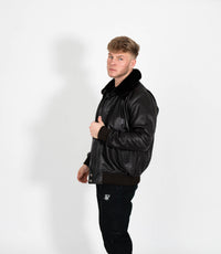 Men's Leather Pilot Bomber Jacket with Detachable Collar - Black