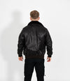 Men's Leather Pilot Bomber Jacket with Detachable Collar - Black