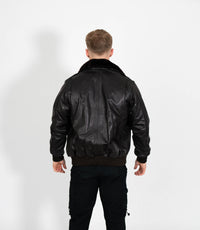 Men's Leather Pilot Bomber Jacket with Detachable Collar - Black