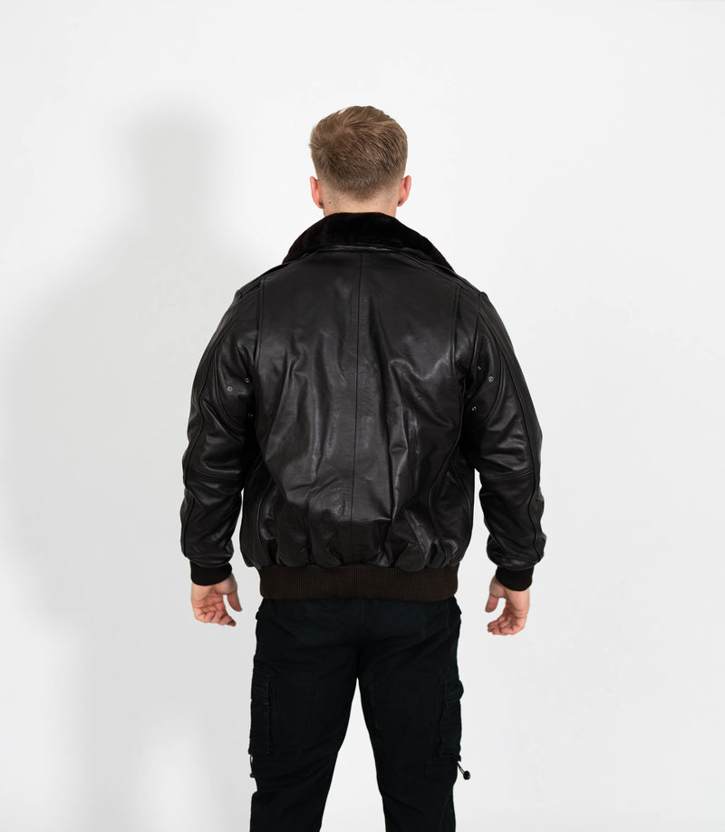 Men's Leather Pilot Bomber Jacket with Detachable Collar - Black