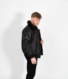 Men's Leather Pilot Bomber Jacket with Detachable Collar - Black