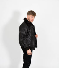 Men's Leather Pilot Bomber Jacket with Detachable Collar - Black