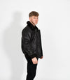 Men's Leather Pilot Bomber Jacket with Detachable Collar - Black