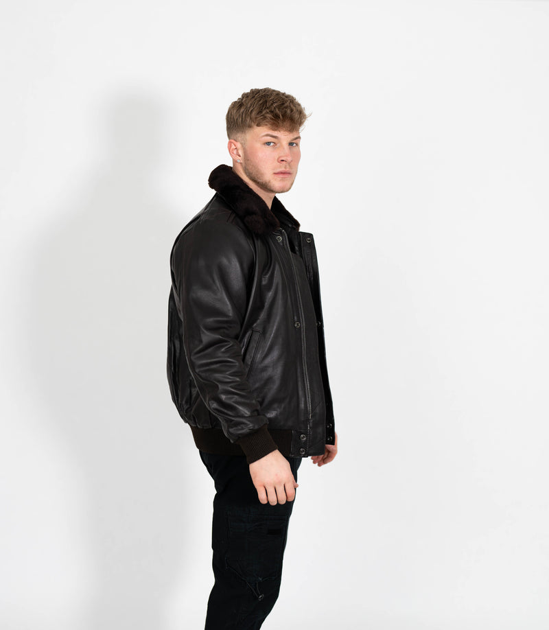 Men's Leather Pilot Bomber Jacket with Detachable Collar - Black