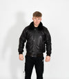 Men's Leather Pilot Bomber Jacket with Detachable Collar - Black