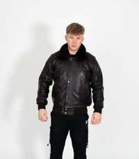 Men's Leather Pilot Bomber Jacket with Detachable Collar - Black